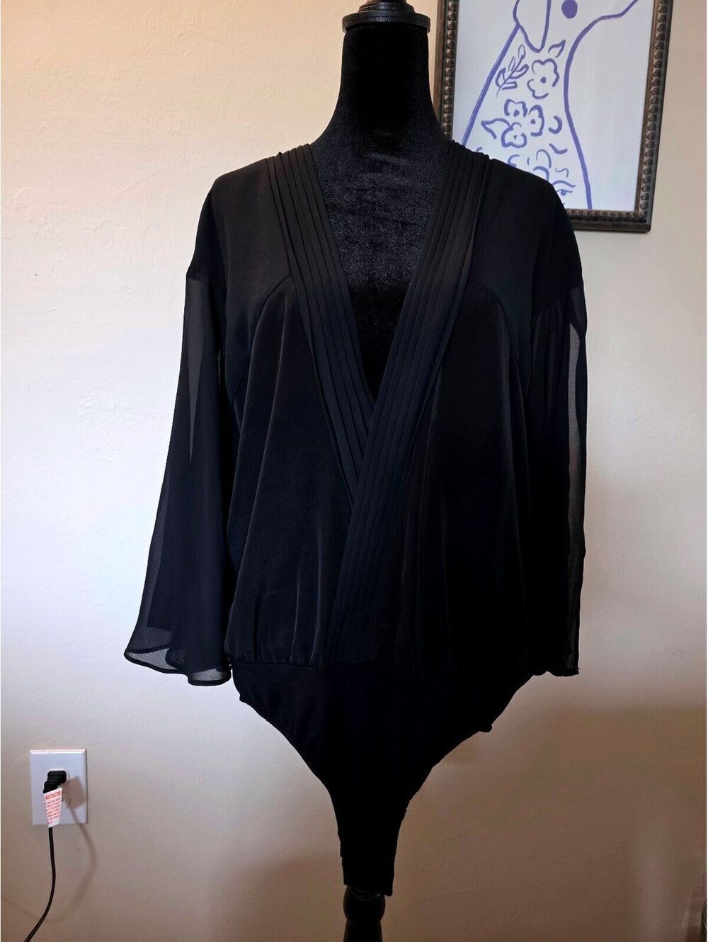 Marciano Los Angeles Black Sheer Bell Sleeve Bodysuit Size 44